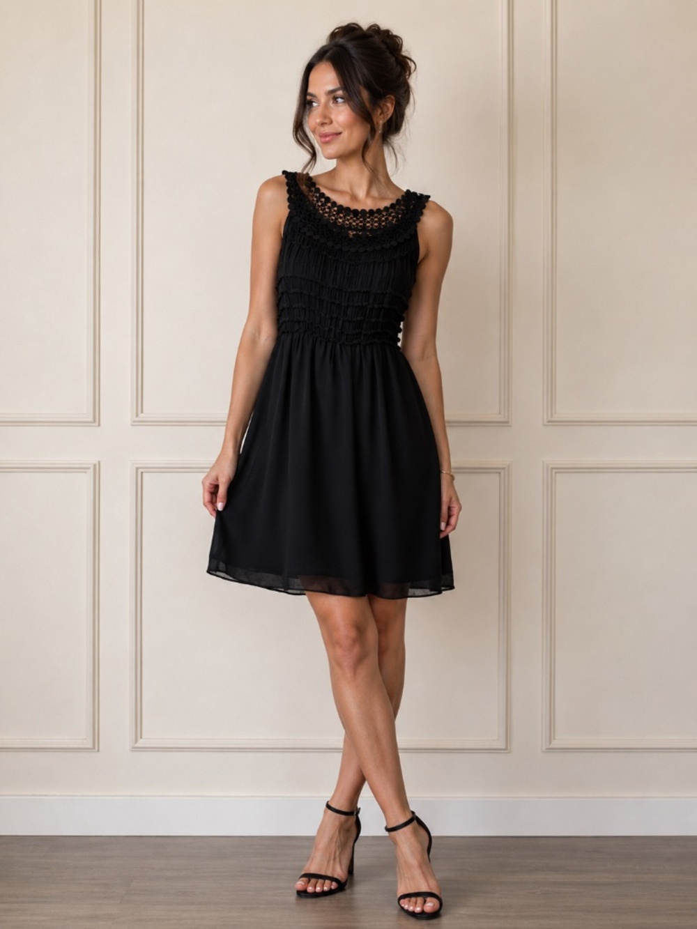 Max Studio Black Crochet & Tiered Chiffon Sleeveless Dress Size Medium